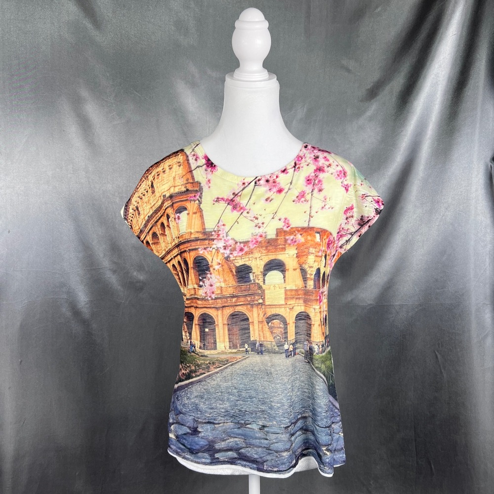 Made in Italy Rome Colosseum Cherry Blossom Graphic Cap Sleeve‎ Tee White Medium
